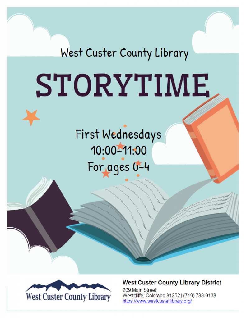 Storytime every first Wednesday of the month, from 10-11am in the Community Room.
