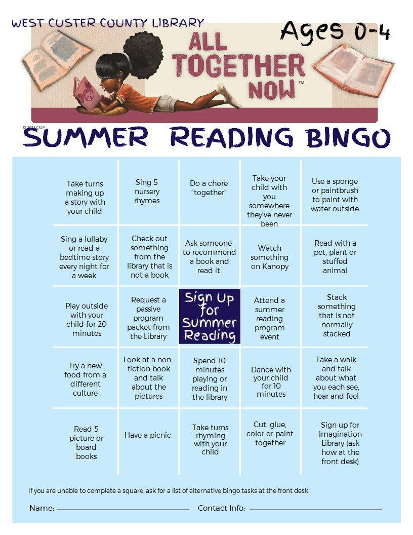 Link to printable Summer Reading Bingo Sheet for ages 0-4