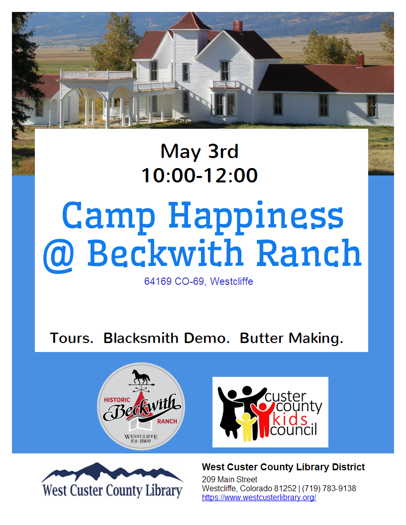 Flyer for Camp Happiness event May 24 at Beckwith Ranch for ages 9-14