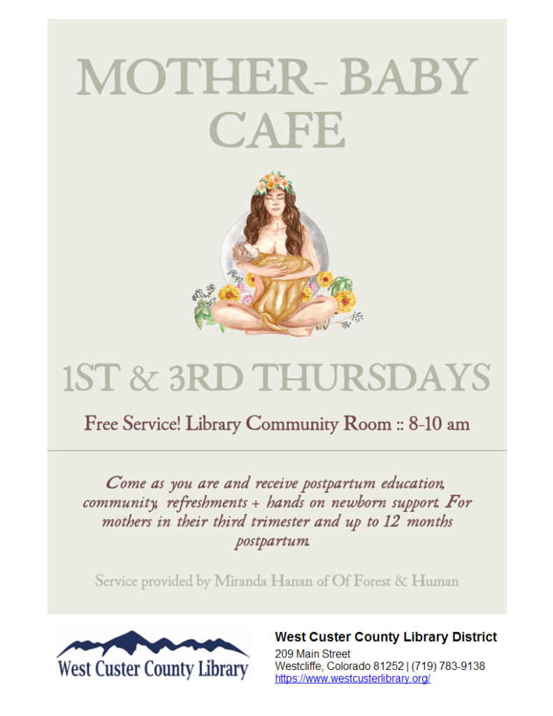 Flyer and link to 1st and 3rd Thursdays Mother-Baby Cafe Postpartum support group