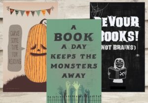 Book covers with jokey Halloween titles: "Carve Some Time for Reading", "A Book a Day Keeps the Monsters Away", and "Devour Books, Not Brains".