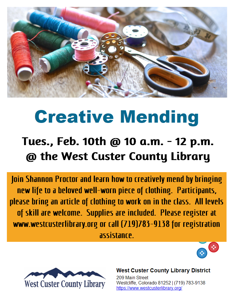 Flyer for creative mending event on February 10th at 10 AM in the community room.